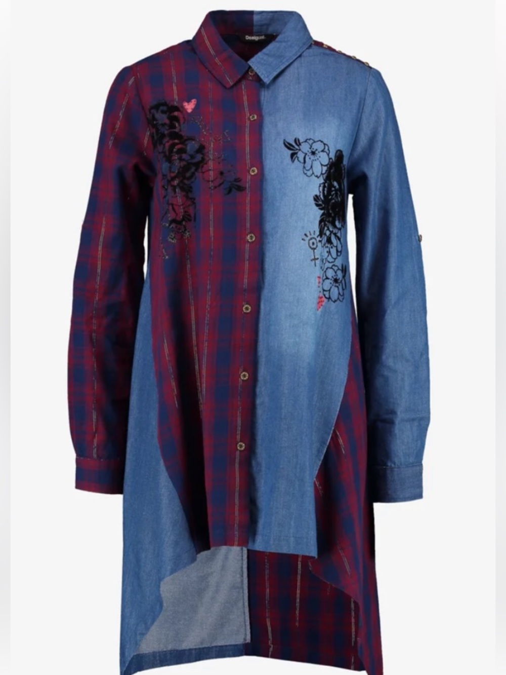 Desigual Mixed Media Patchwork Shirt Dress Plaid, Denim & Floral Art Wear Size S